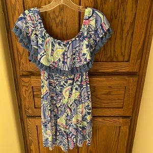 Lilly Pulitzer La Fortuna Tassel Pinch Blue Peri Shorts Romper S Off Shoulder